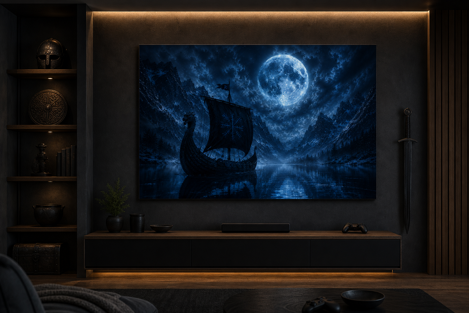 Wikingerschiff unter Vollmond | Nordisches Alu-Dibond Wandbild