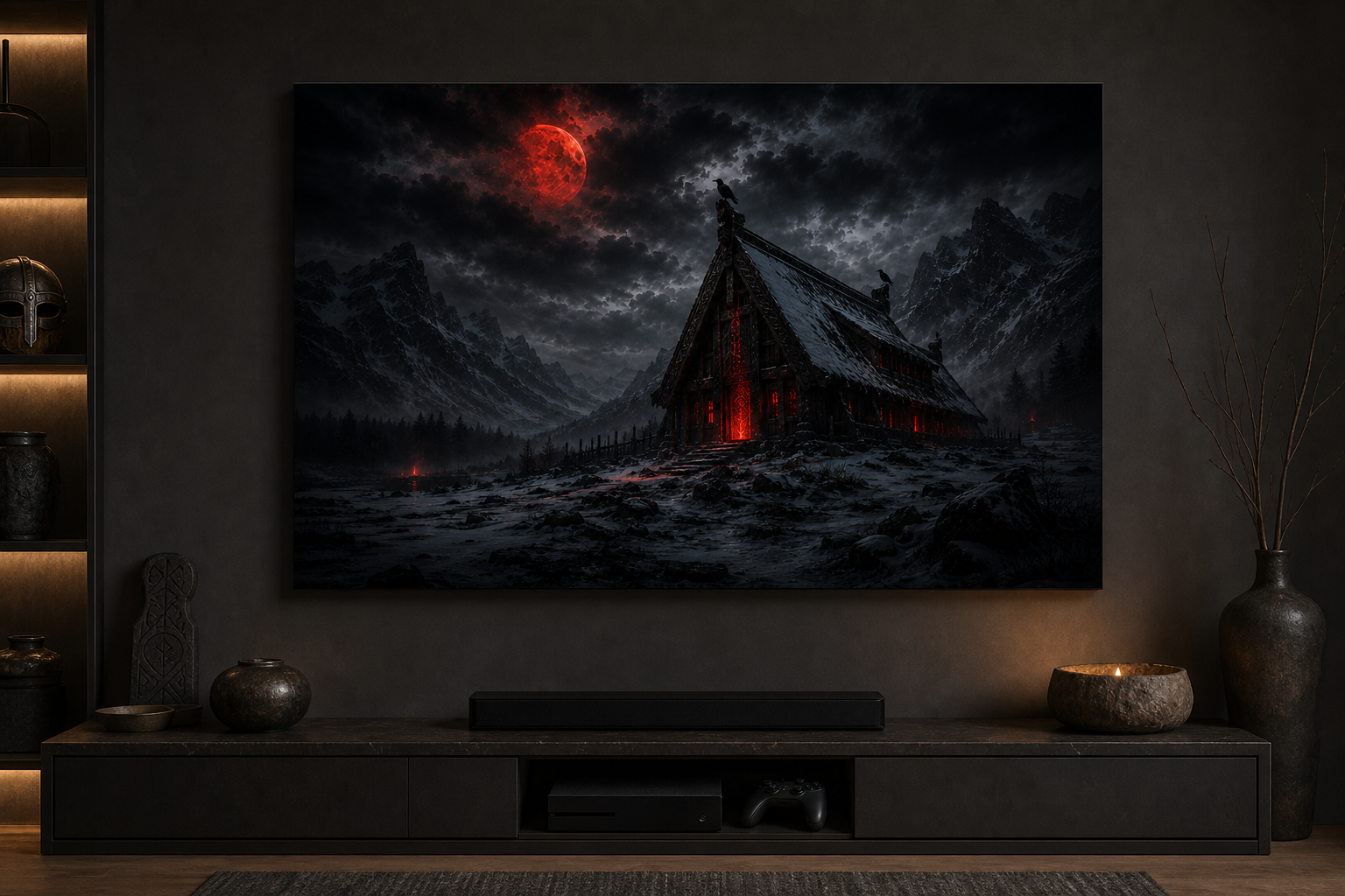 Wikinger-Langhaus Wandbild | Roter oder blauer Mond auf Alu-Dibond