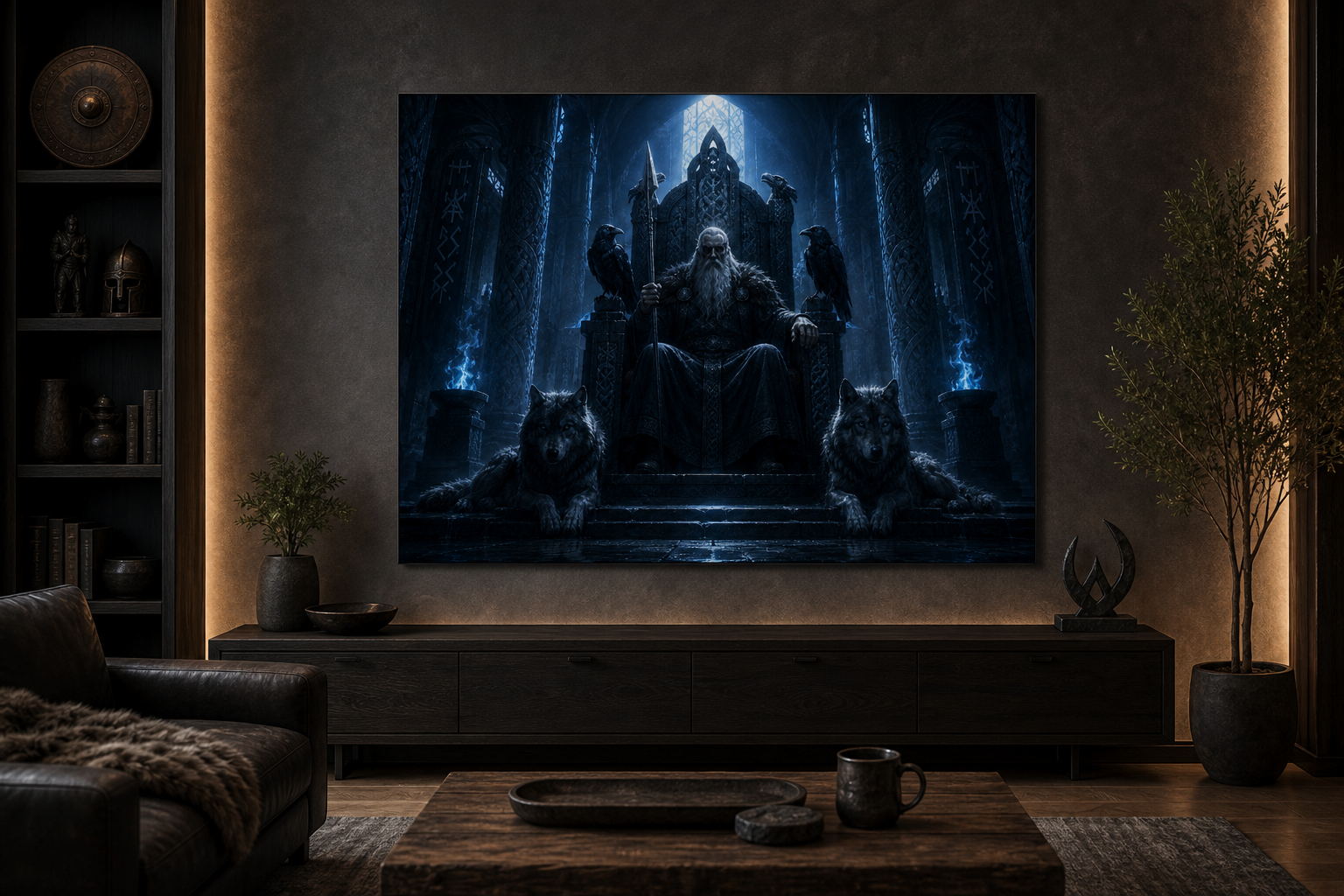 Odin Wandbild mit Raben und Wölfen | Nordische Mythologie auf Alu-Dibond