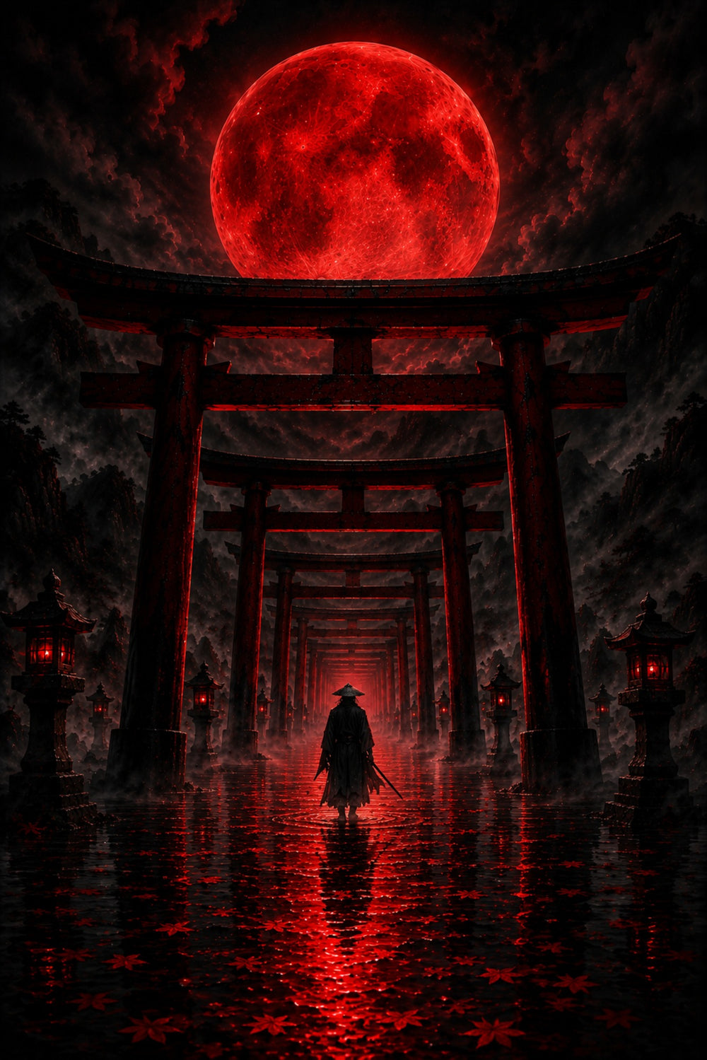 Torii-Tunnel mit Blutmond | Samurai Japan auf Alu-Dibond