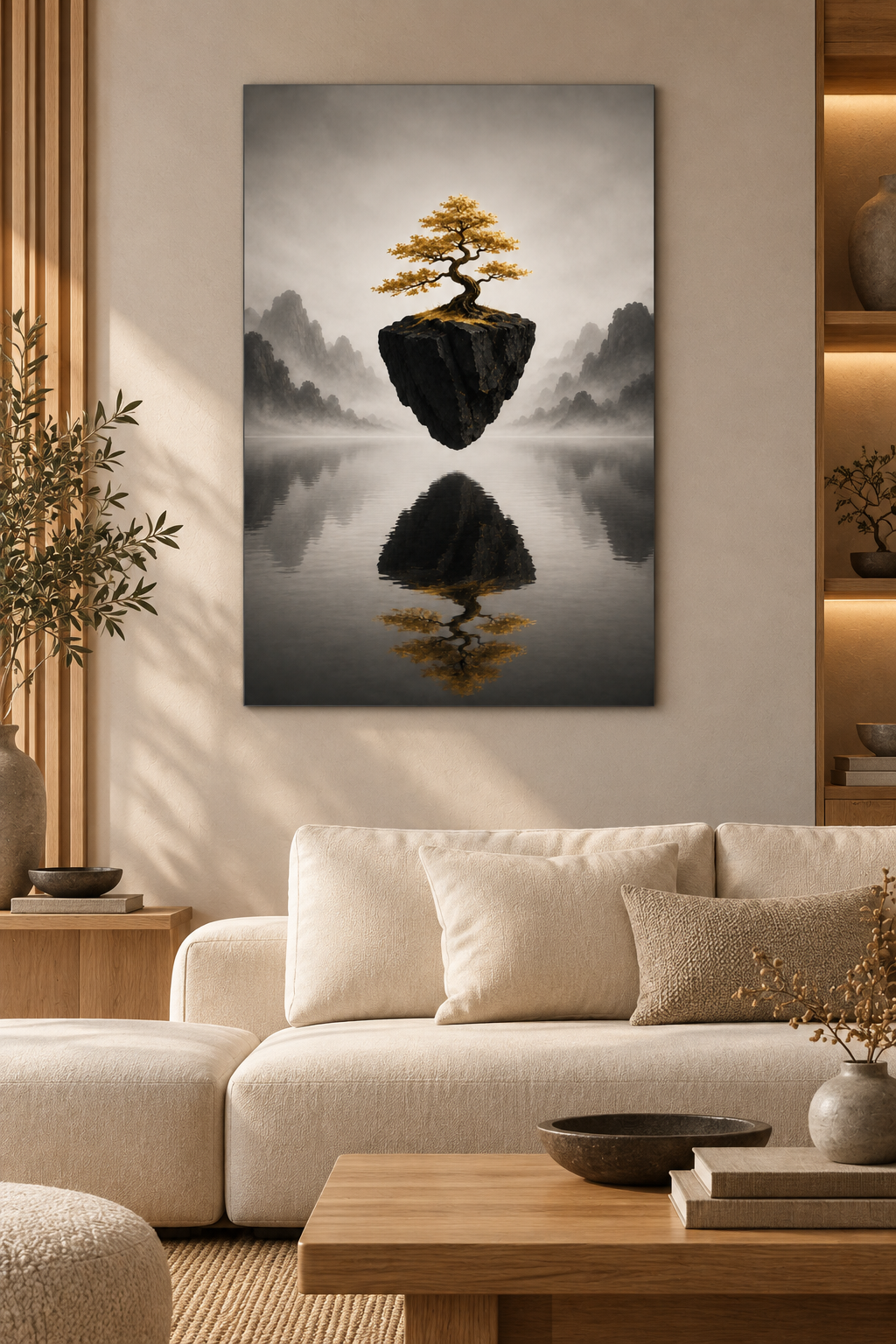 Goldener Bonsai auf schwebender Insel – Alu-Dibond Bild