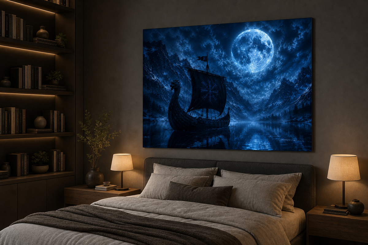 Wikingerschiff unter Vollmond | Nordisches Alu-Dibond Wandbild
