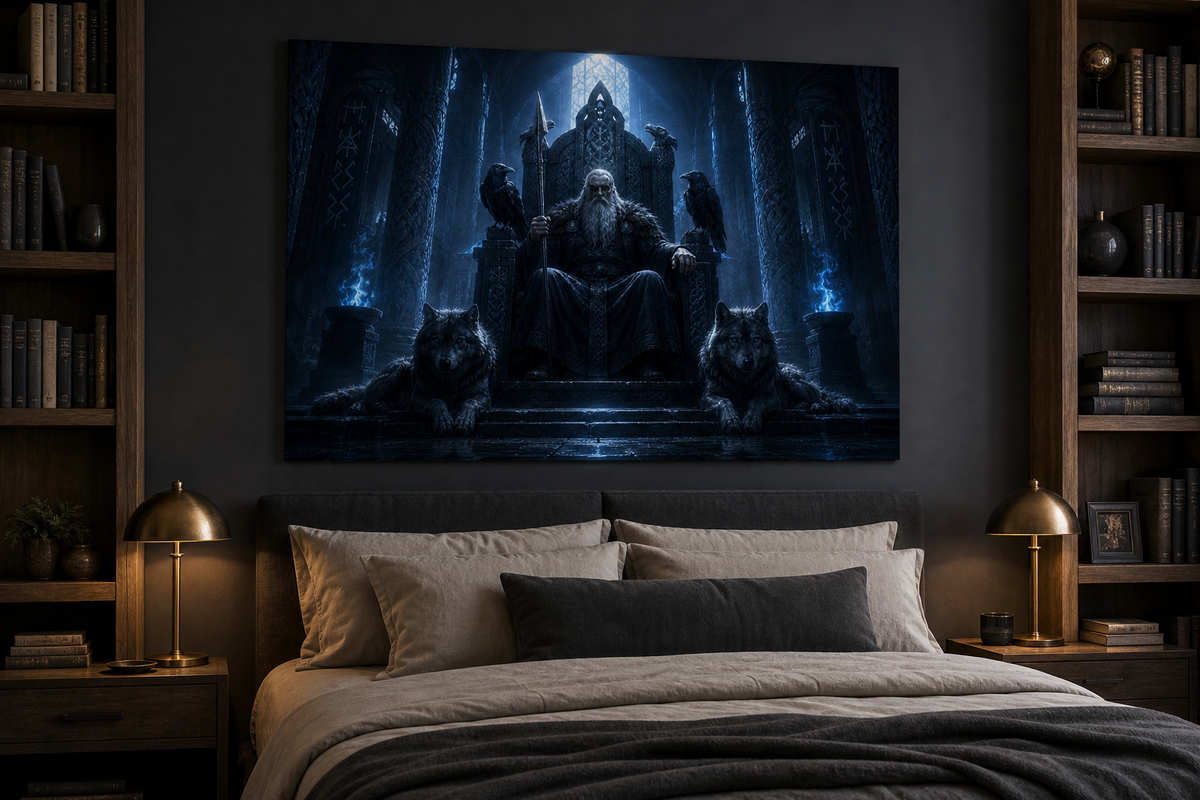 Odin Wandbild mit Raben und Wölfen | Nordische Mythologie auf Alu-Dibond