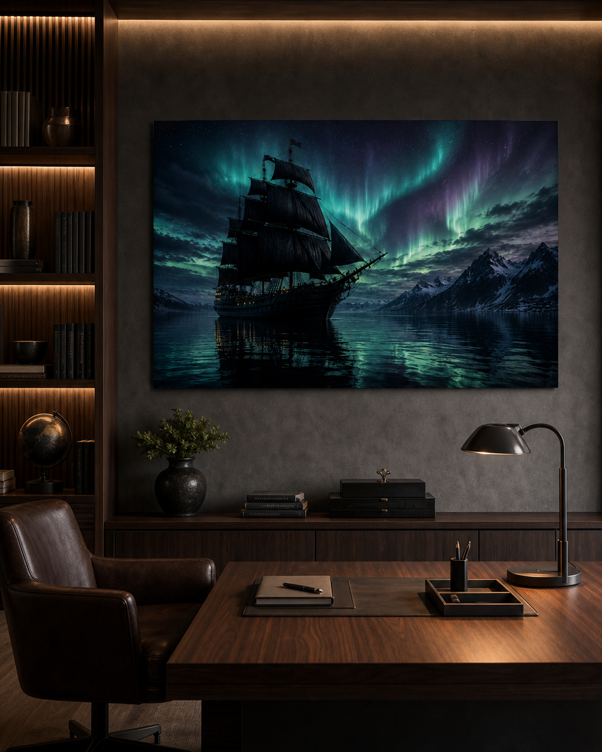 Dunkles Segelschiff unter Nordlicht | Nordisches Alu-Dibond Wandbild