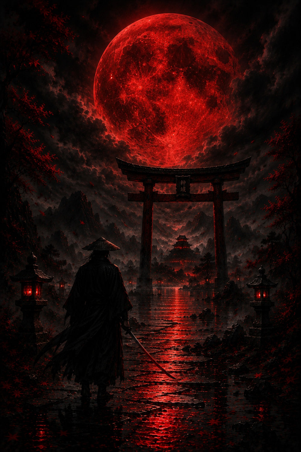 Samurai vor Torii und Blutmond | Japan Wandbild auf Alu-Dibond
