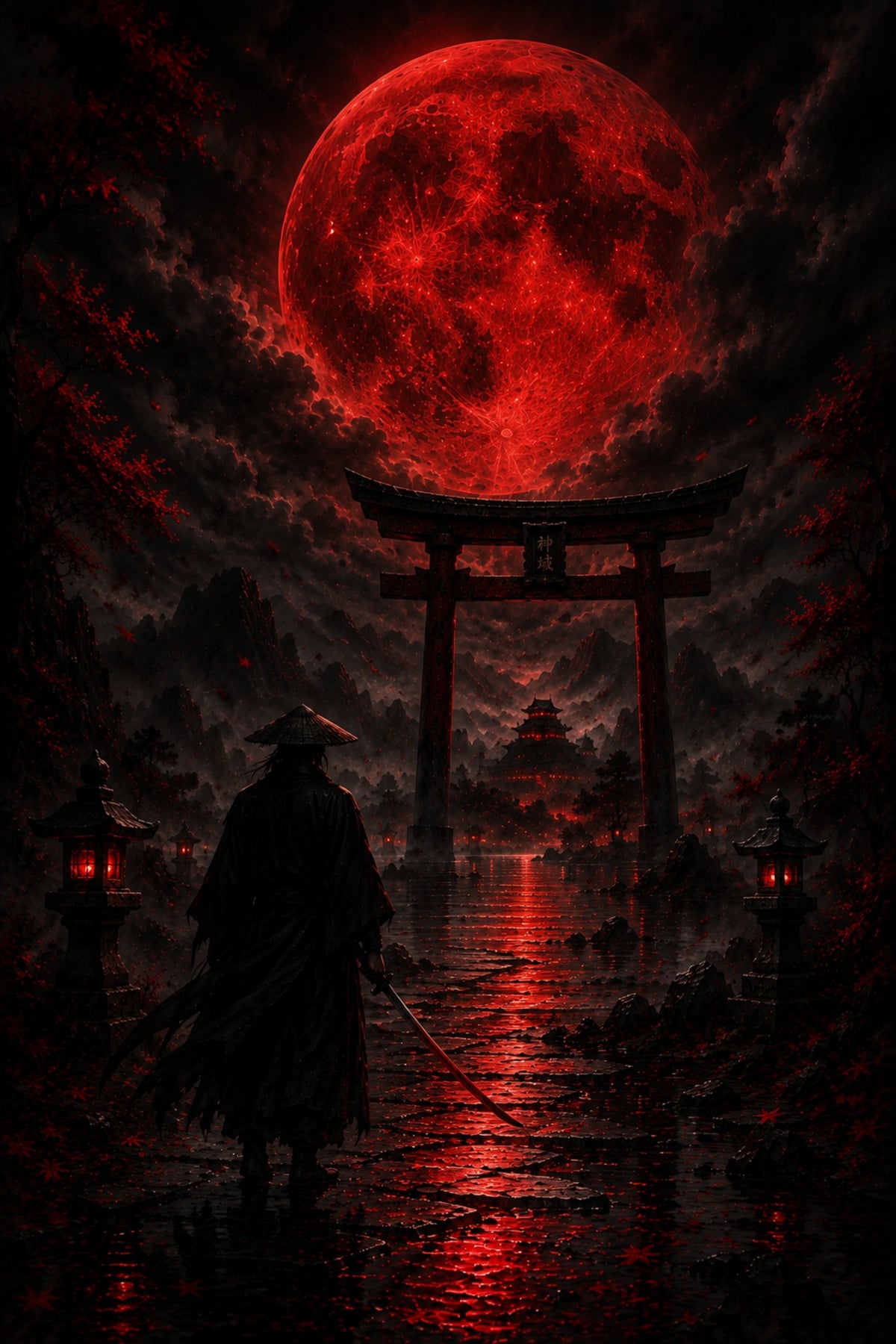 Samurai vor Torii und Blutmond | Japan Wandbild auf Alu-Dibond