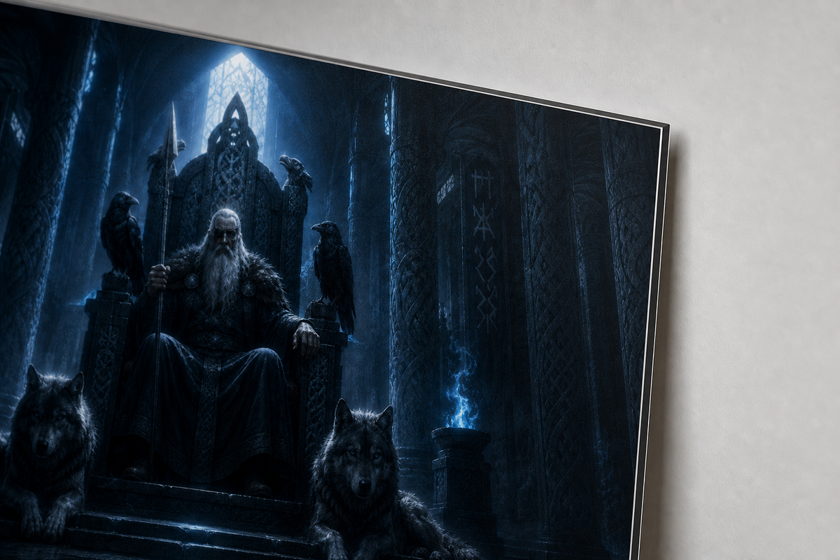 Odin Wandbild mit Raben und Wölfen | Nordische Mythologie auf Alu-Dibond