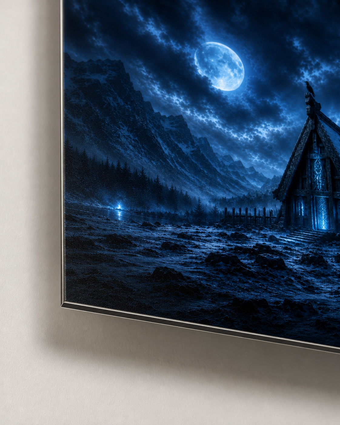 Wikinger-Langhaus Wandbild | Roter oder blauer Mond auf Alu-Dibond
