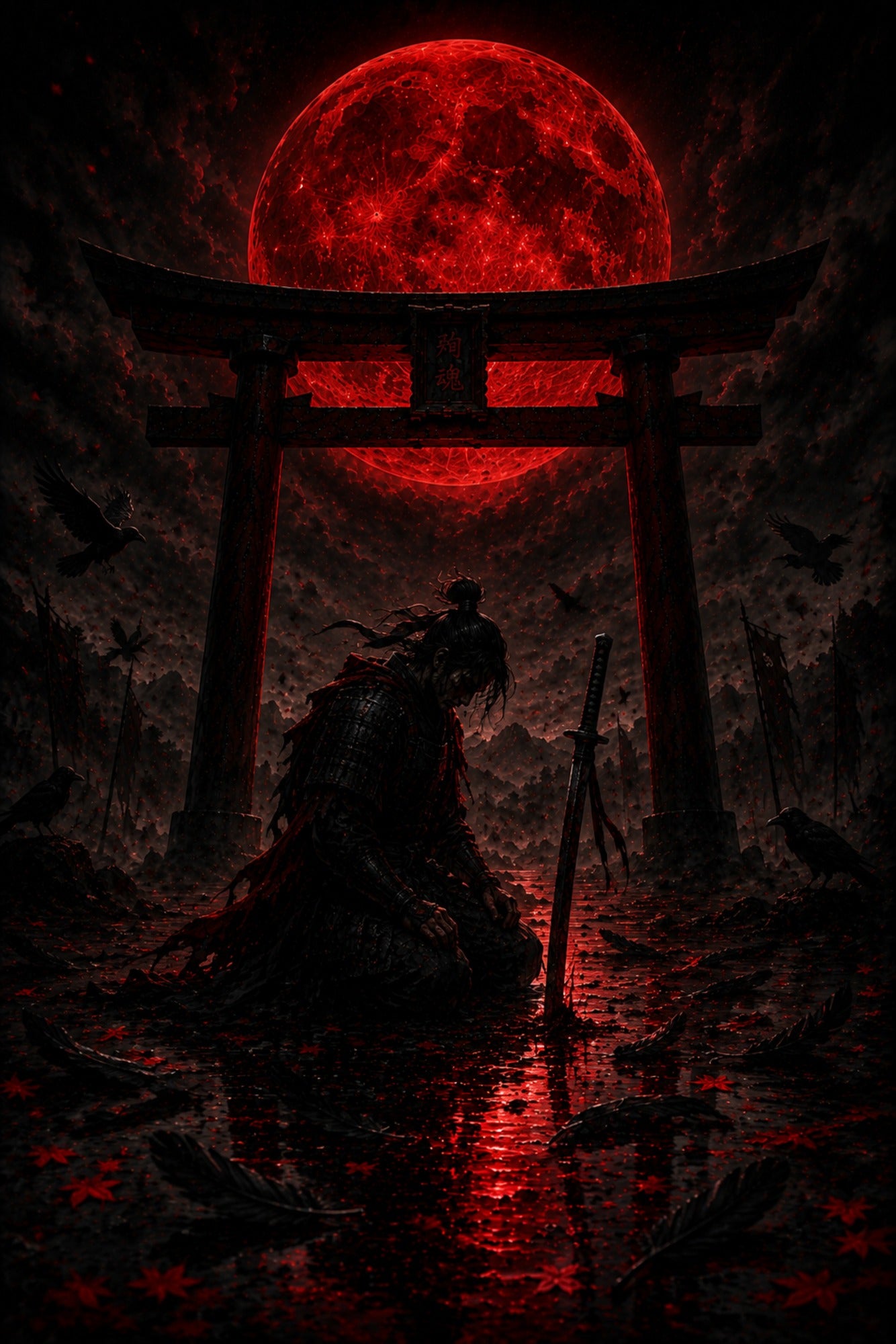 Kniender Samurai mit Raben | Torii Blutmond auf Alu-Dibond
