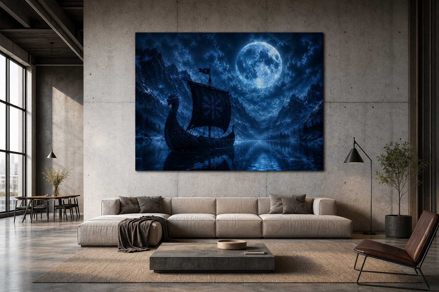 Wikingerschiff unter Vollmond | Nordisches Alu-Dibond Wandbild