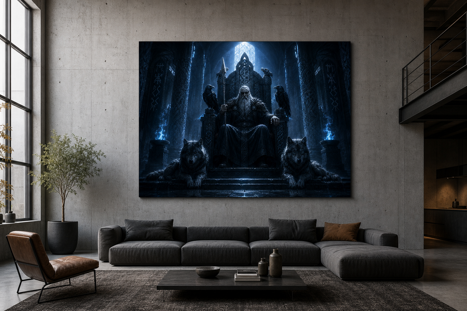 Odin Wandbild mit Raben und Wölfen | Nordische Mythologie auf Alu-Dibond