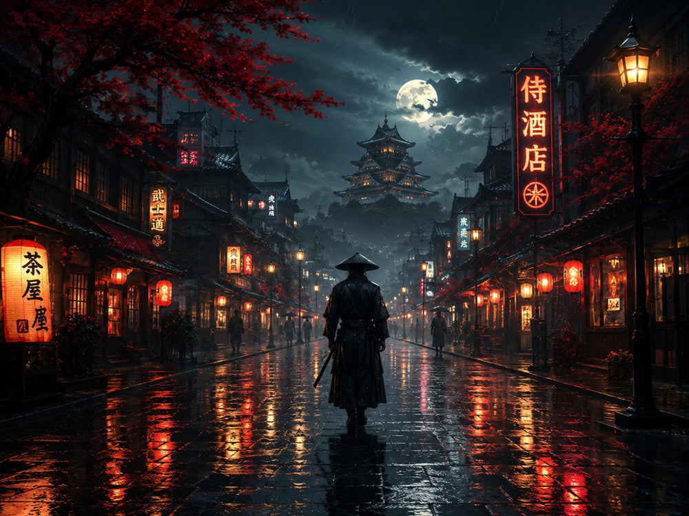 Japanischer Tempel bei Nacht | Blutmond Alu-Dibond Wandbild