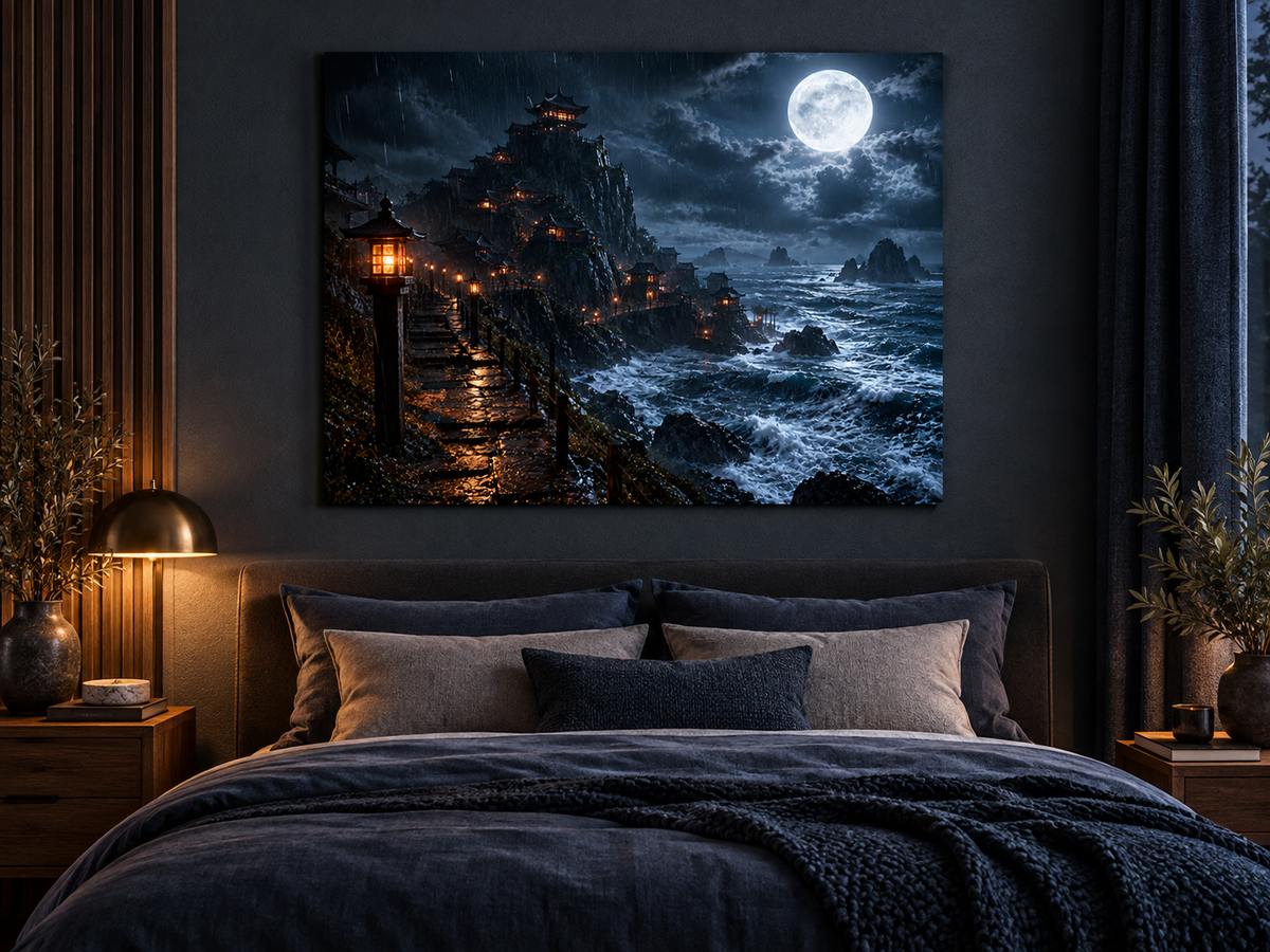 Klosterstadt am Meer bei Vollmond – Alu-Dibond Wandbild