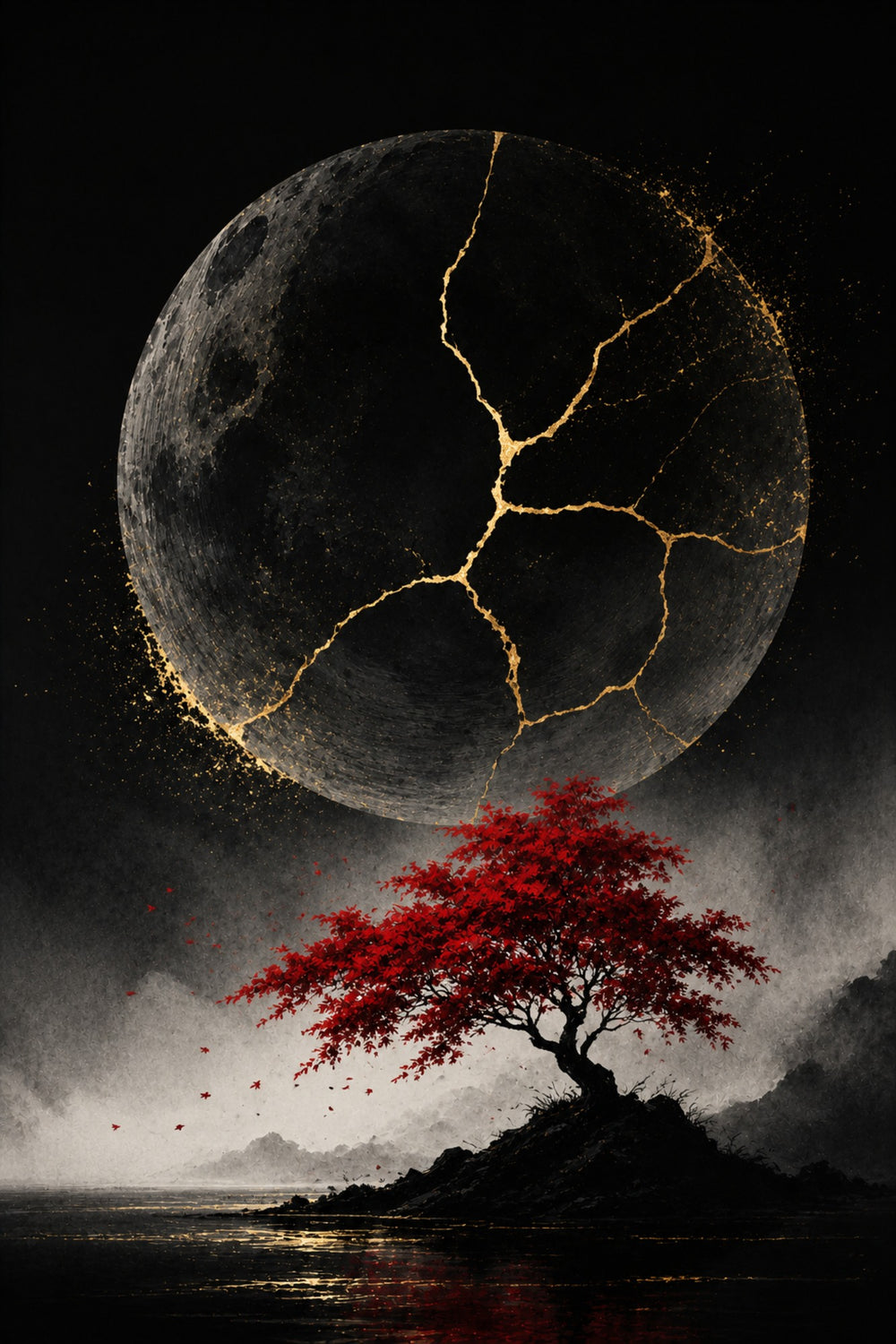 Kintsugi-Mond mit rotem Ahorn | Japanisches Alu-Dibond Wandbild