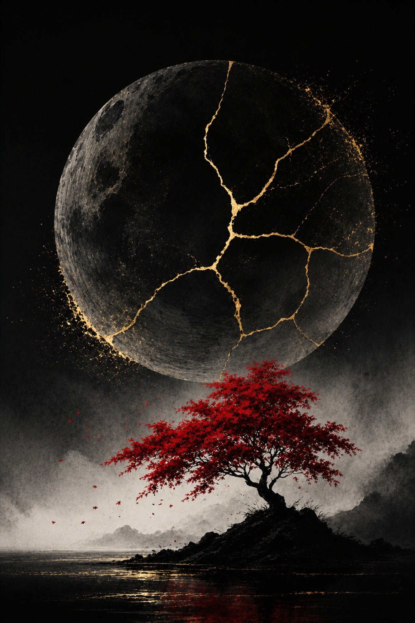 Kintsugi-Mond mit rotem Ahorn | Japanisches Alu-Dibond Wandbild