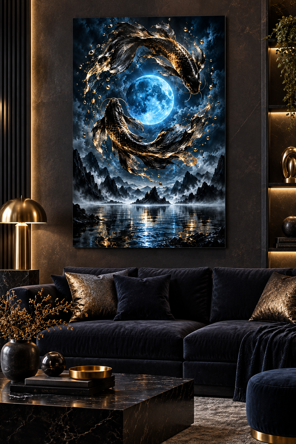 Koi um den blauen Mond – Alu-Dibond Wandbild Hochformat