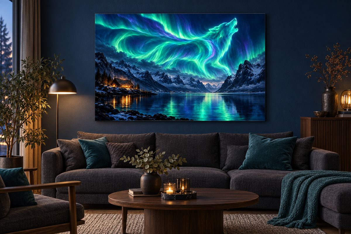 Polarlicht-Wolf über dem Fjord – Alu-Dibond Wandbild