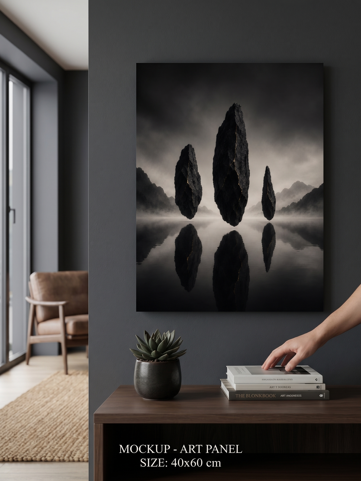 Schwarze Monolithen über Wasser | Stilles Alu-Dibond Wandbild