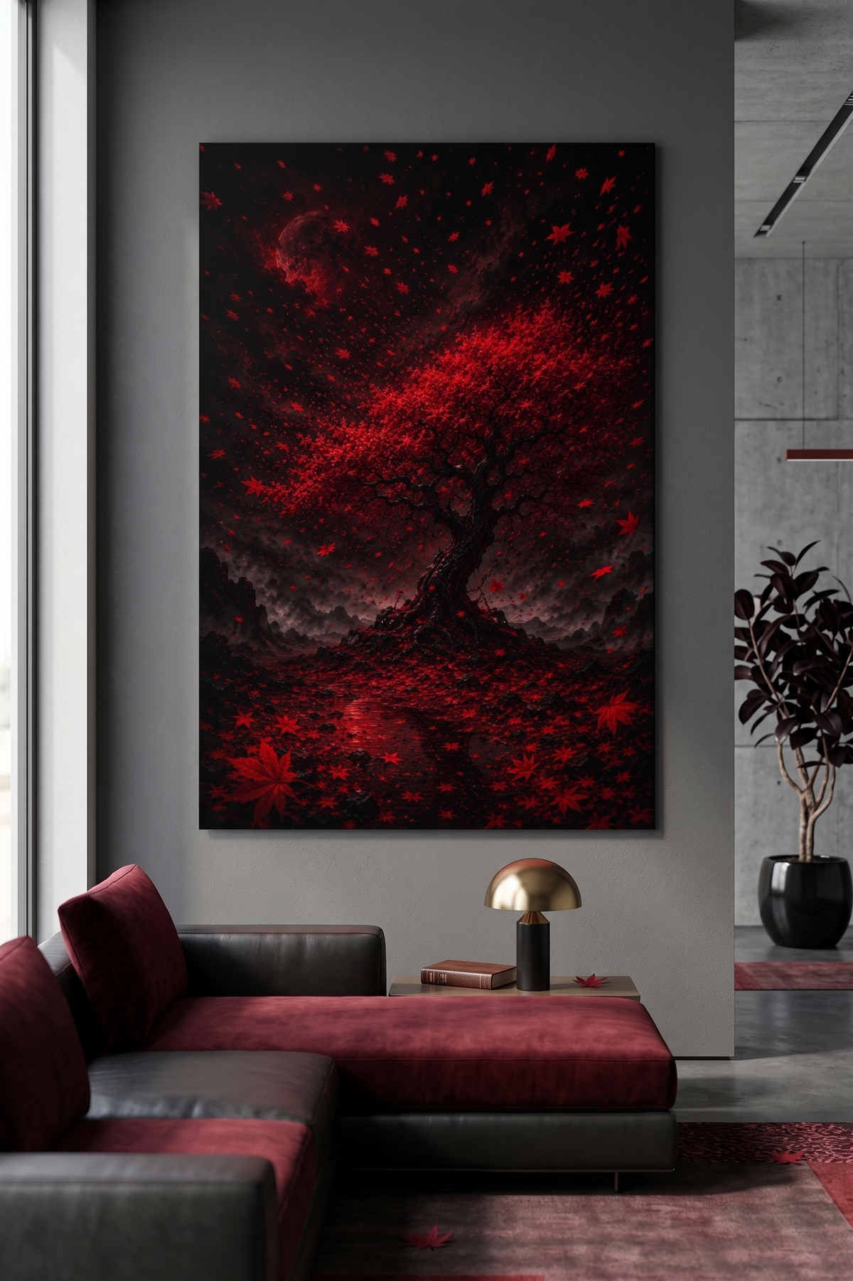 Roter Ahornbaum bei Nacht | Dramatisches Japan Alu-Dibond Wandbild