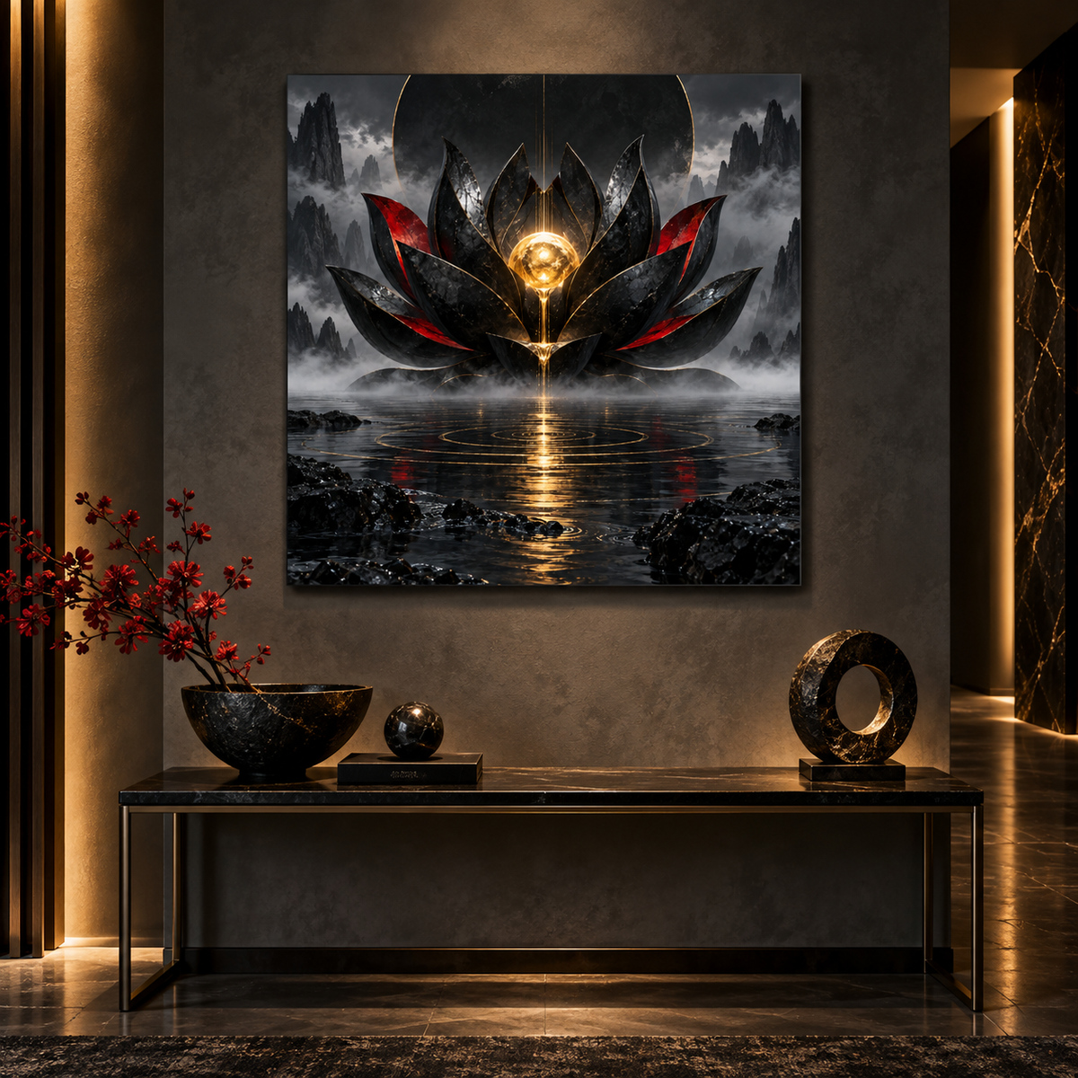 Schwarzer Lotus mit goldenem Kern – Alu-Dibond Wandbild