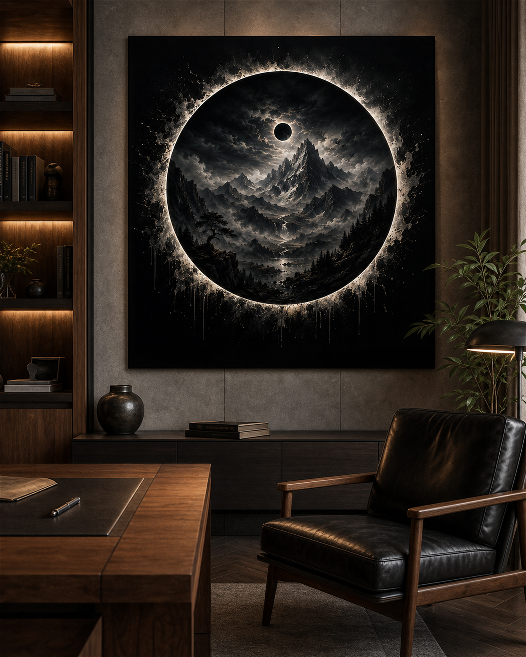 Schwarze Sonne über Bergwelt | Dunkles Alu-Dibond Wandbild