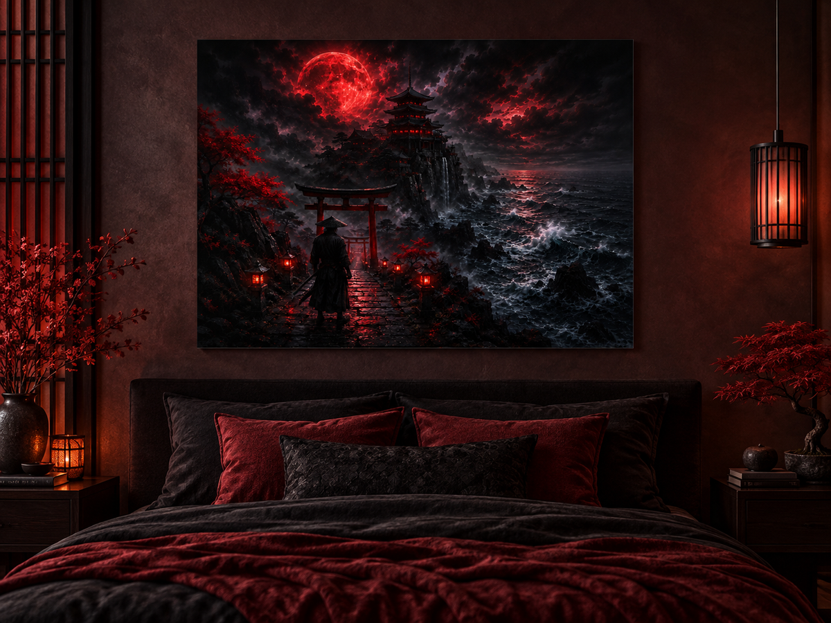 Samurai vor dem Torii im Blutmond – Alu-Dibond Wandbild