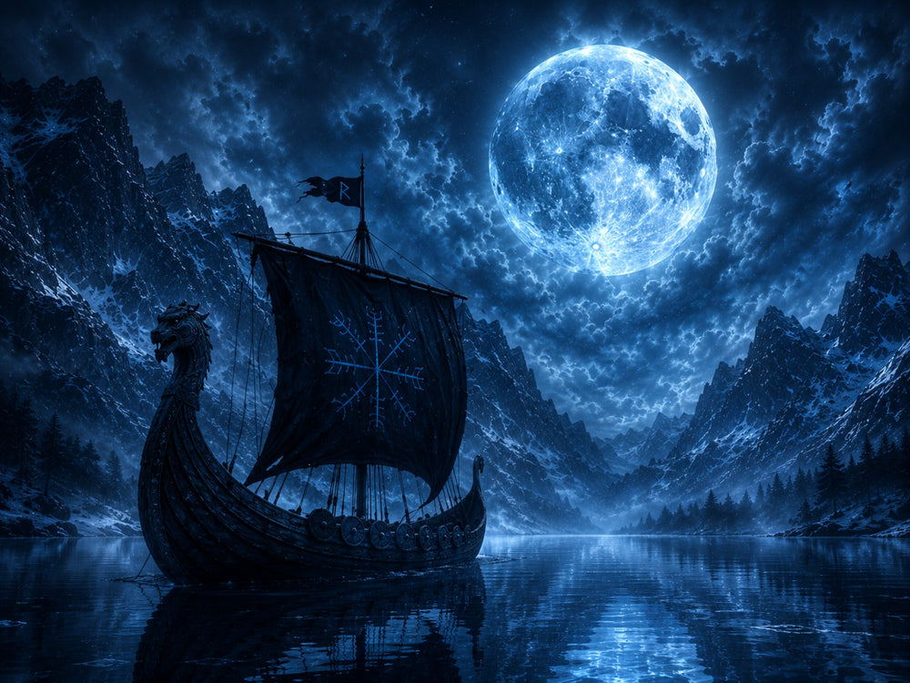 Wikingerschiff unter Vollmond | Nordisches Alu-Dibond Wandbild