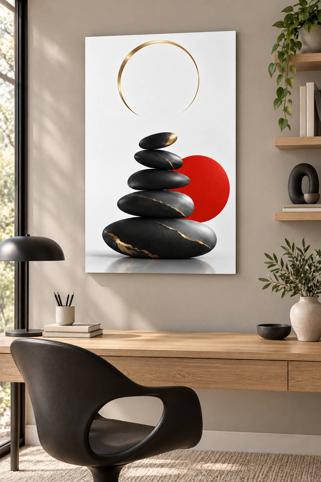 Zen-Steine mit Kintsugi vor rotem Kreis – Alu-Dibond Bild