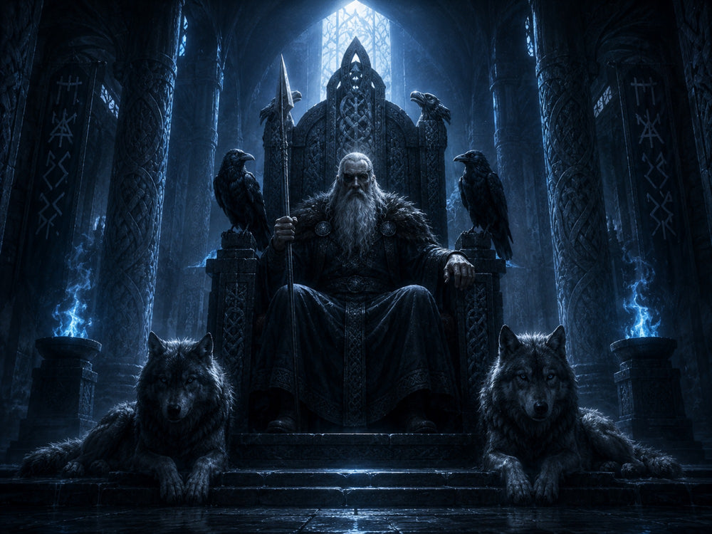 Odin Wandbild mit Raben und Wölfen | Nordische Mythologie auf Alu-Dibond