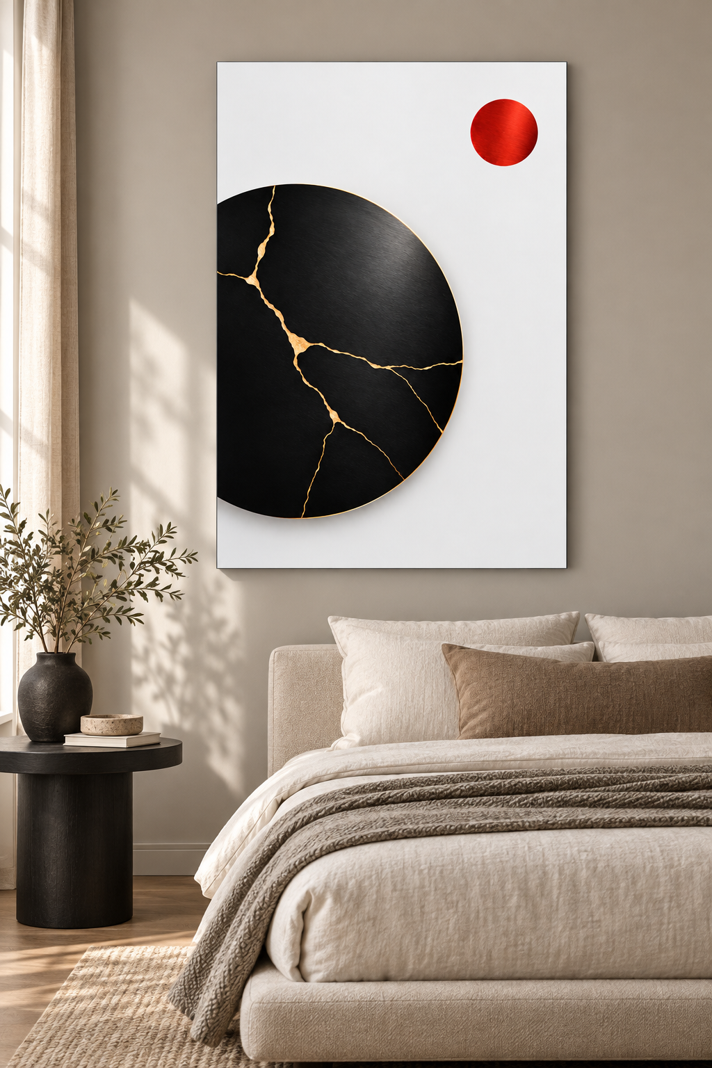 Kintsugi-Mond in Schwarz und Gold – Alu-Dibond Wandbild