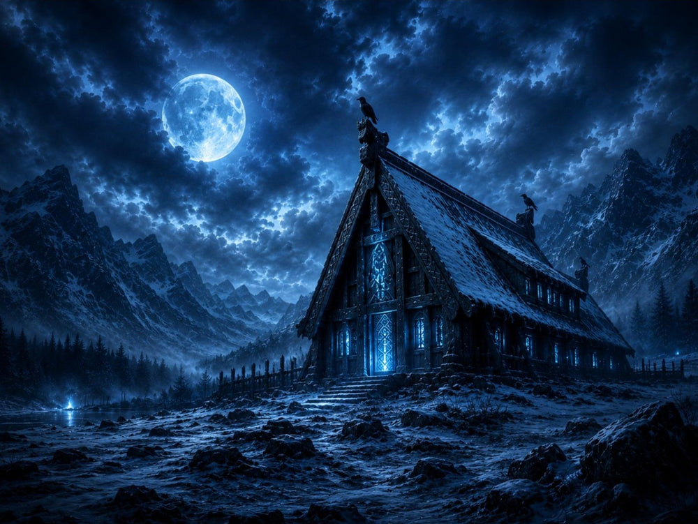 Wikinger-Langhaus Wandbild | Roter oder blauer Mond auf Alu-Dibond