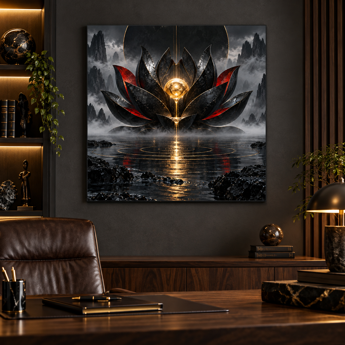 Schwarzer Lotus mit goldenem Kern – Alu-Dibond Wandbild