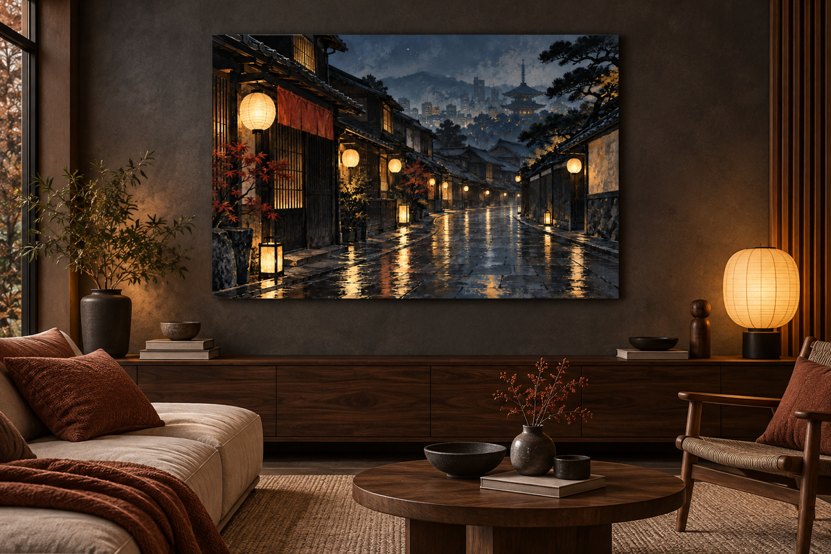 Laternengasse in Kyoto – Alu-Dibond Wandbild bei Nacht