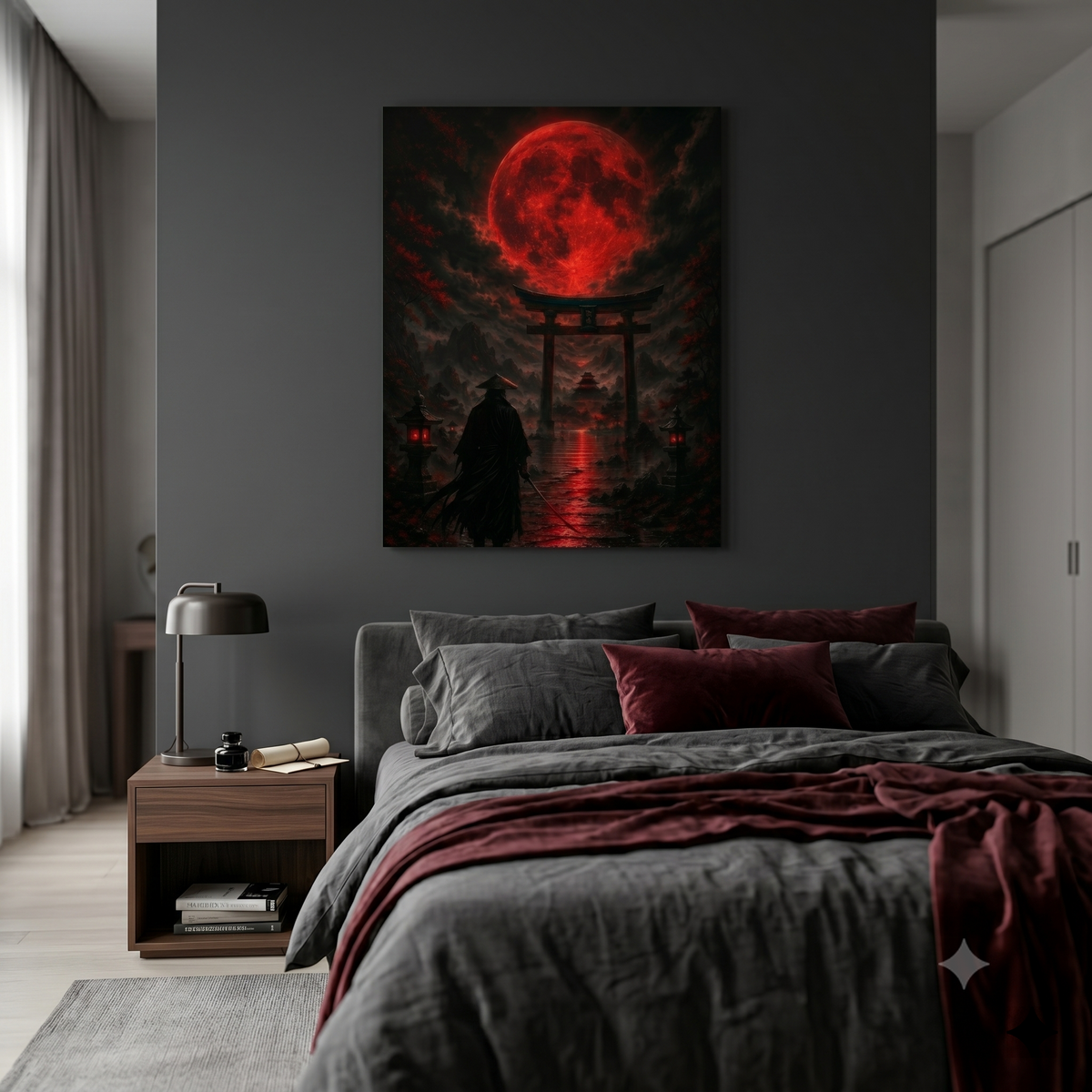 Samurai vor Torii und Blutmond | Japan Wandbild auf Alu-Dibond