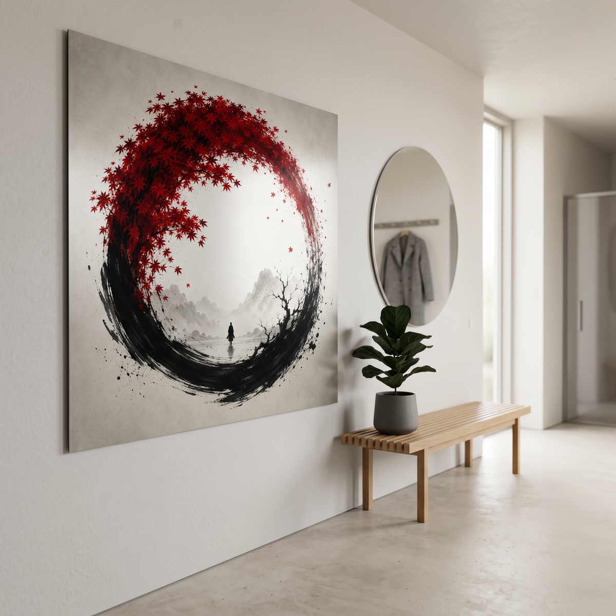 Enso-Kreis mit rotem Ahorn | Ruhiges Japandi Alu-Dibond Wandbild