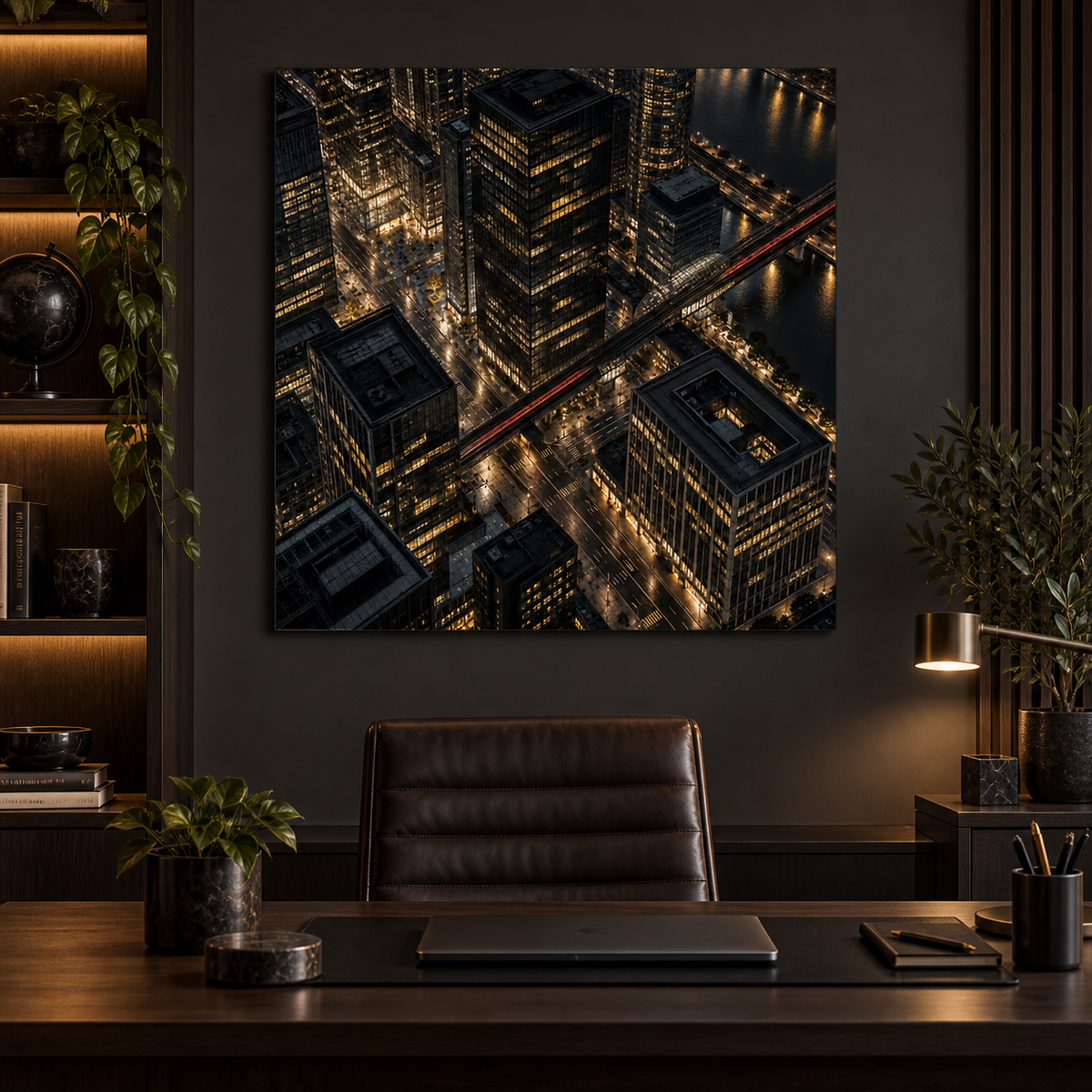 Stadt von oben bei Nacht – Alu-Dibond Wandbild quadratisch