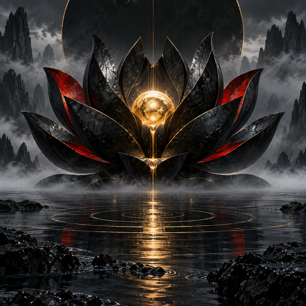 Schwarzer Lotus mit goldenem Kern – Alu-Dibond Wandbild