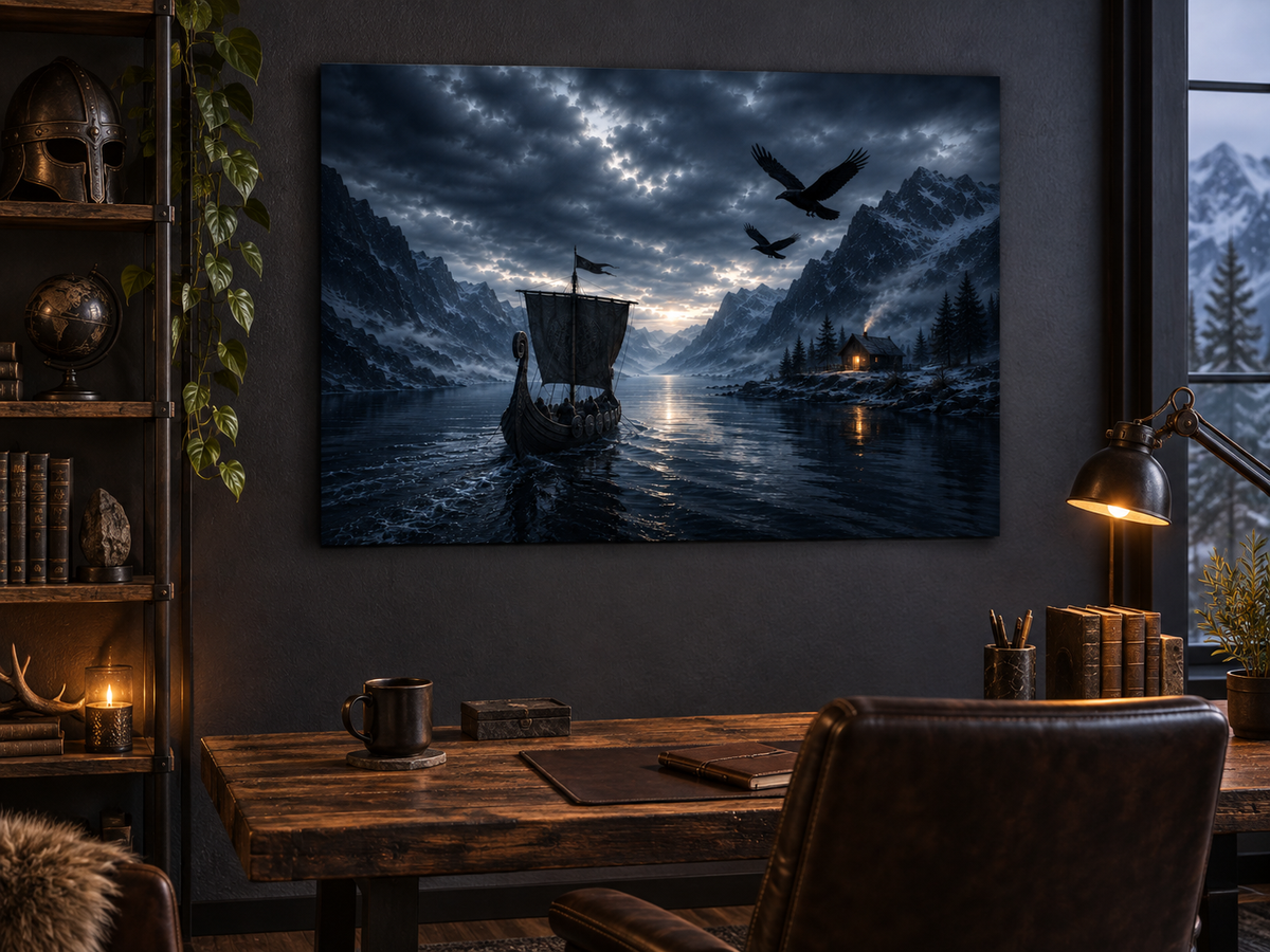 Wikingerschiff im Fjord mit zwei Raben – Alu-Dibond Bild