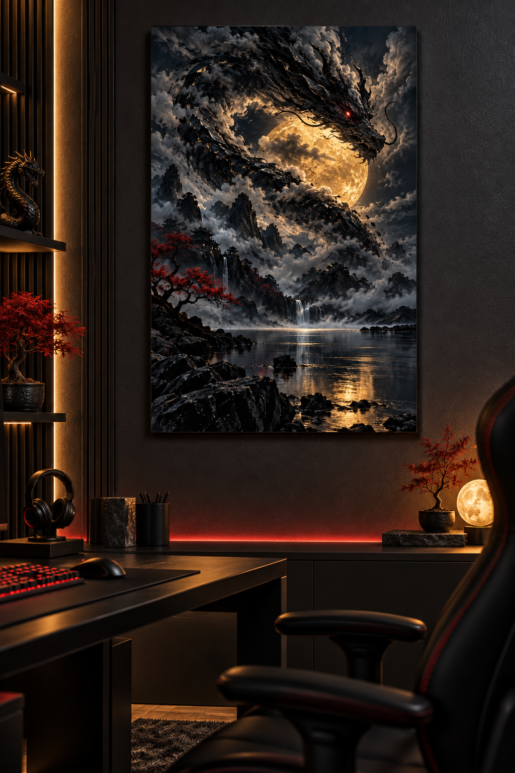 Wolkendrache vor goldenem Mond – Alu-Dibond Wandbild