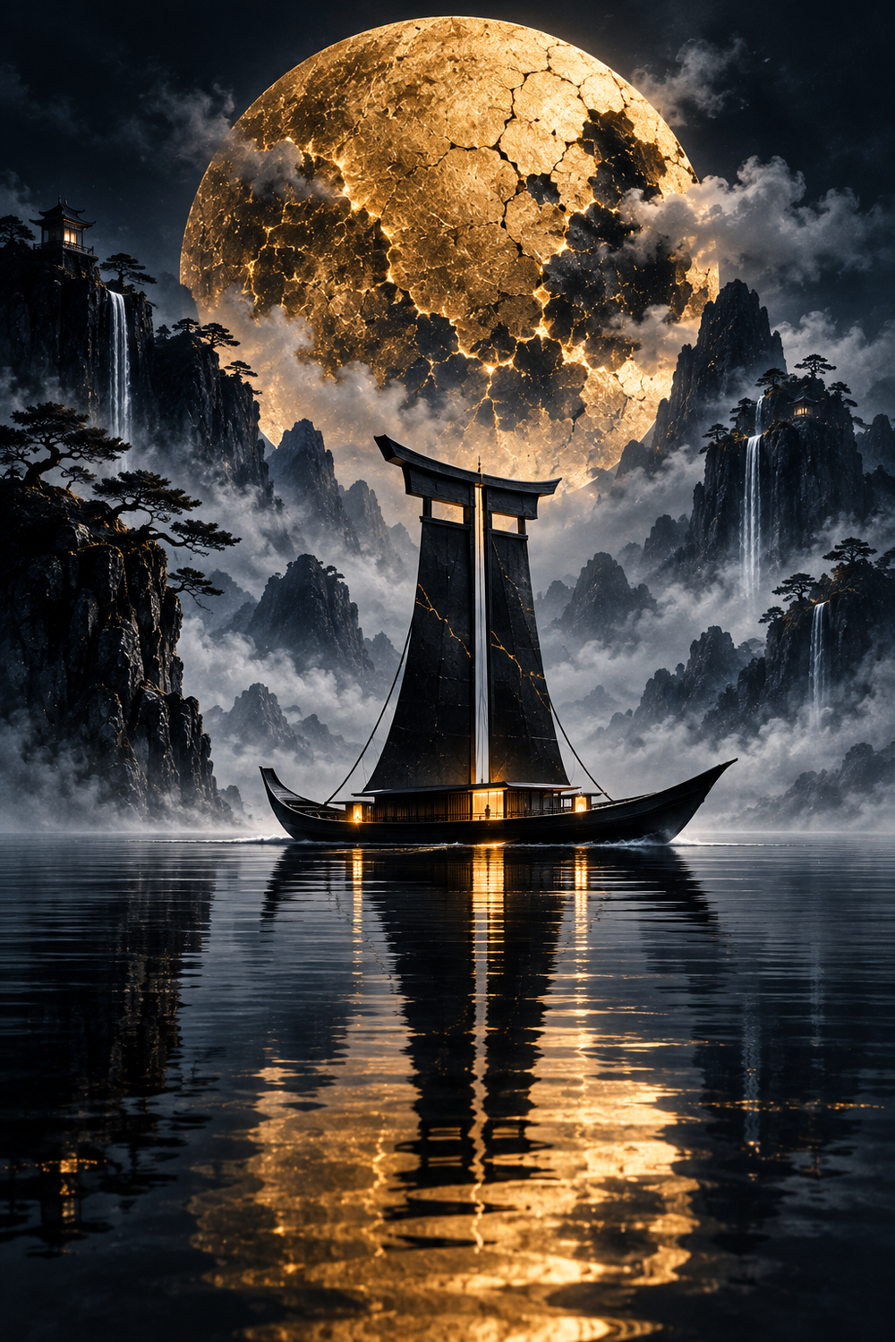 Schiff mit Torii-Segel vor Goldmond – Alu-Dibond Wandbild