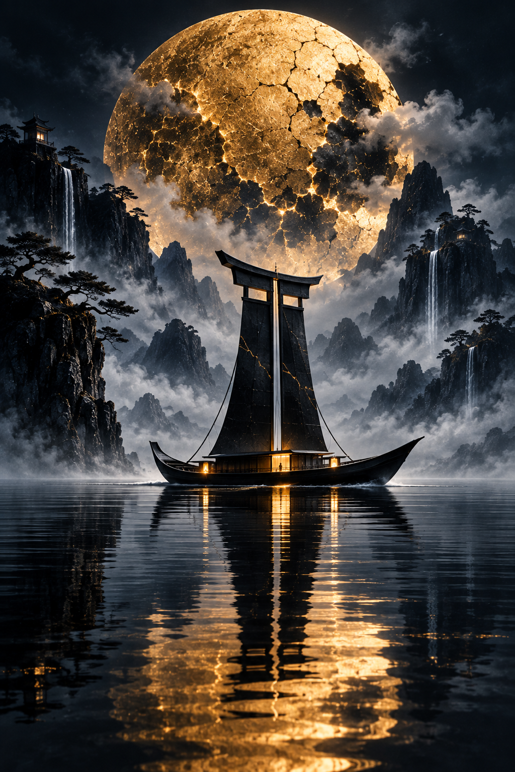 Schiff mit Torii-Segel vor Goldmond – Alu-Dibond Wandbild