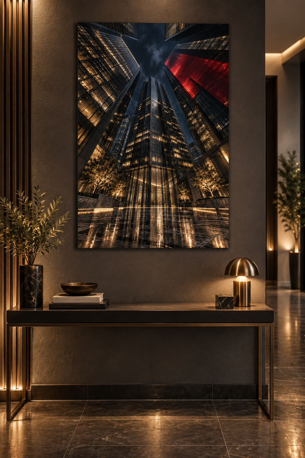 Wolkenkratzer von unten – Alu-Dibond Wandbild Hochformat