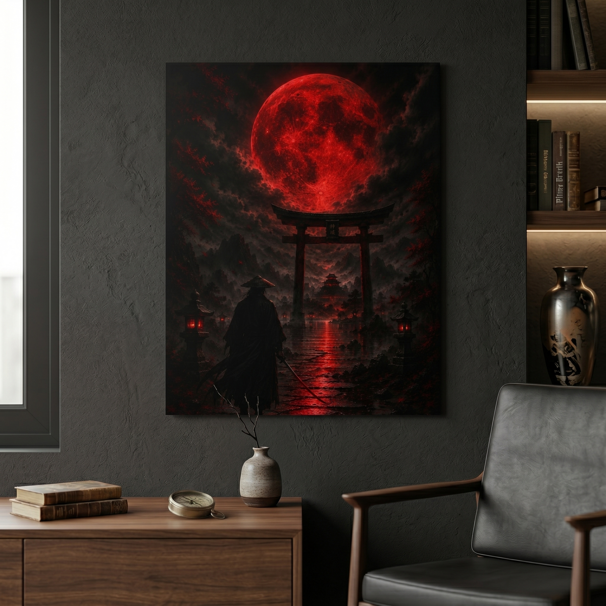 Samurai vor Torii und Blutmond | Japan Wandbild auf Alu-Dibond