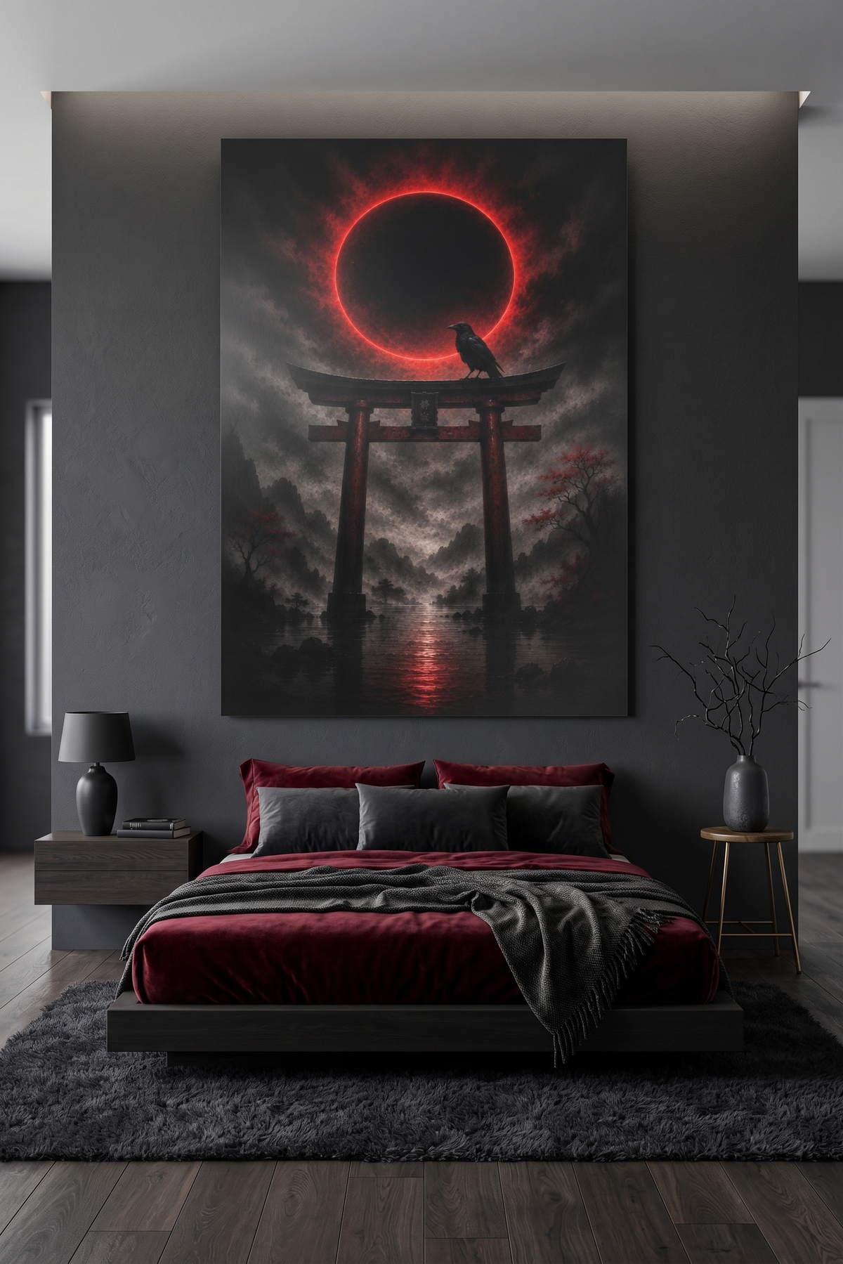 Torii-Tor bei Nacht mit Krähe | Blutmond auf Alu-Dibond