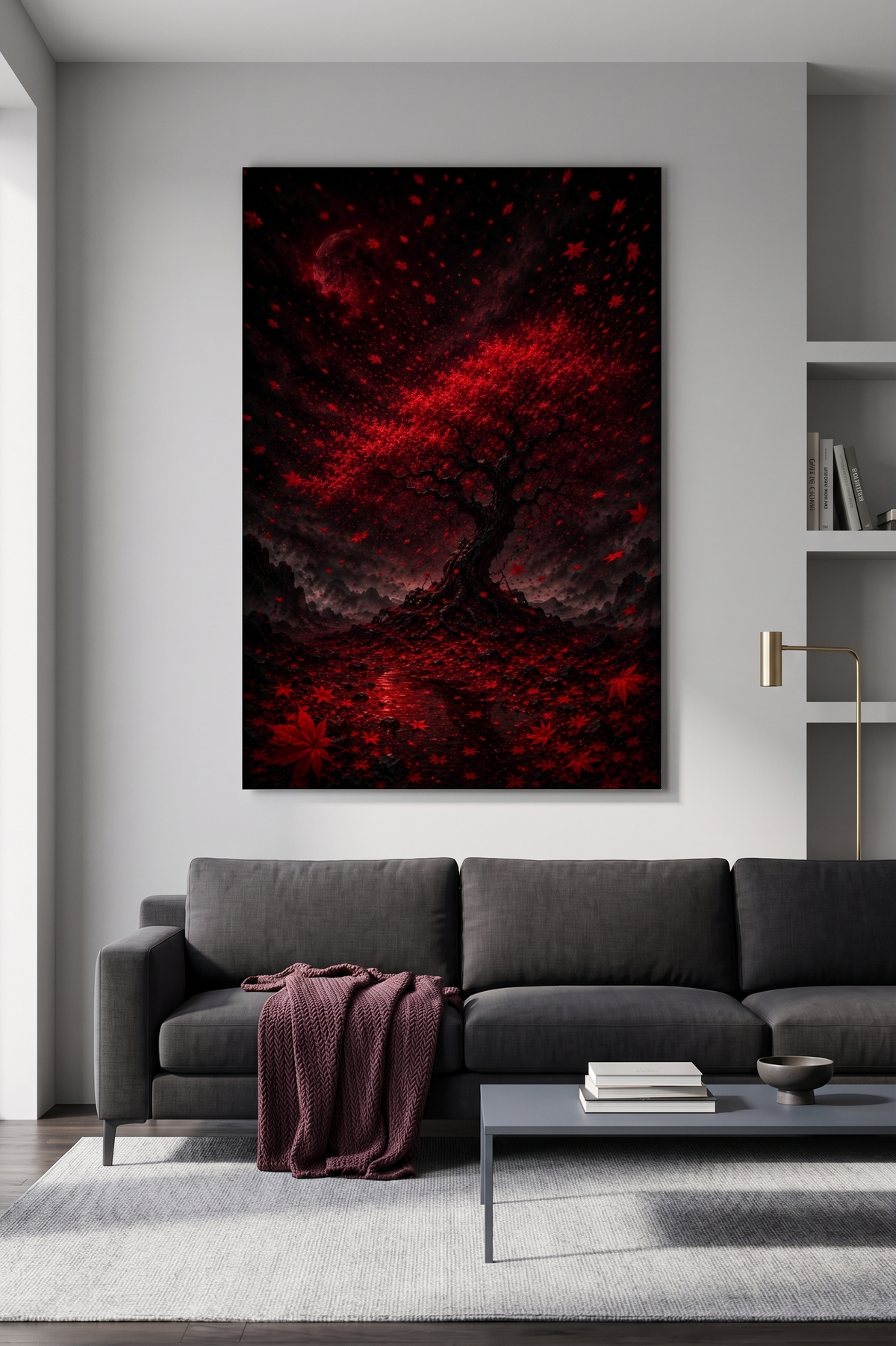 Roter Ahornbaum bei Nacht | Dramatisches Japan Alu-Dibond Wandbild