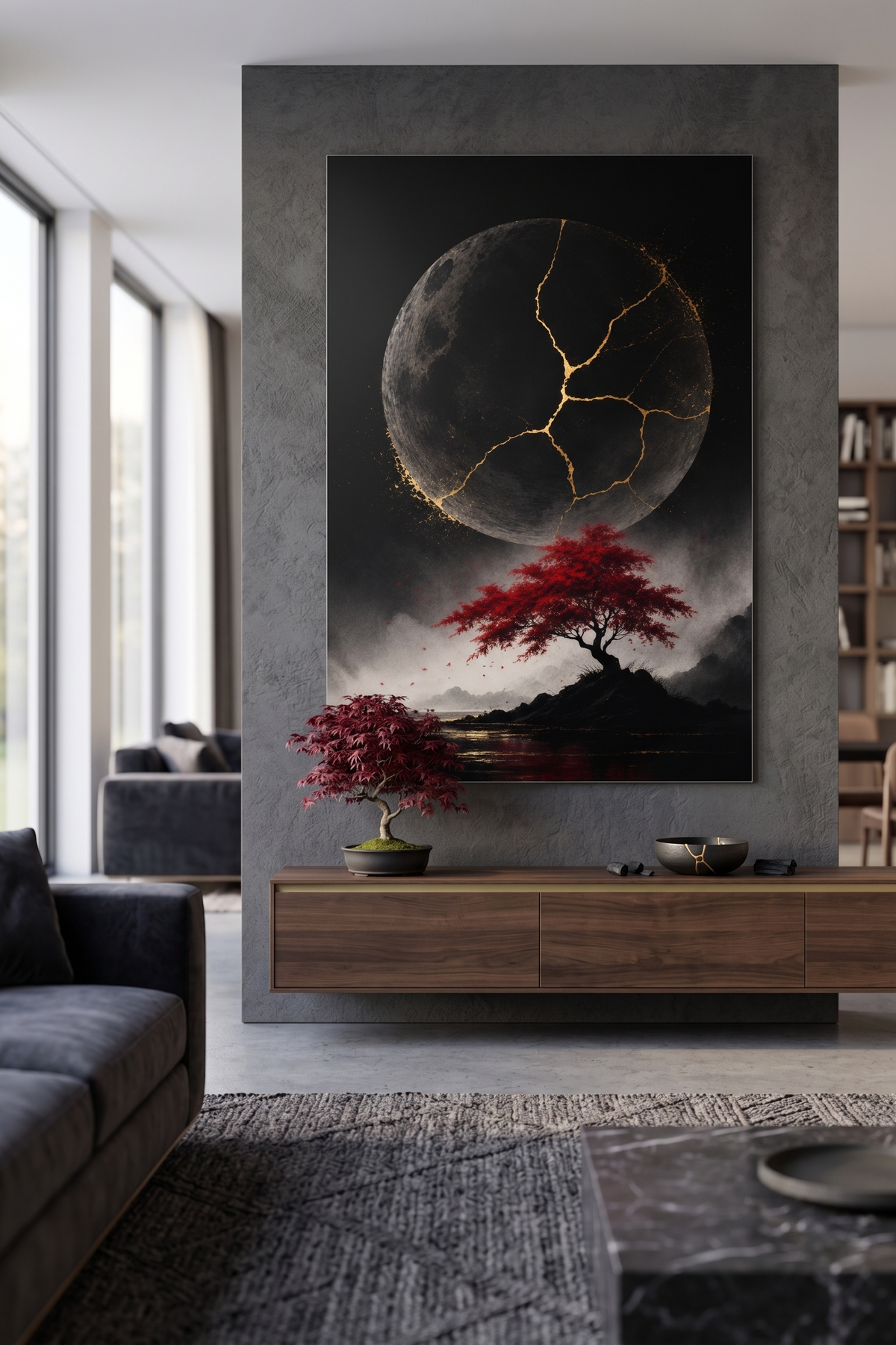 Kintsugi-Mond mit rotem Ahorn | Japanisches Alu-Dibond Wandbild