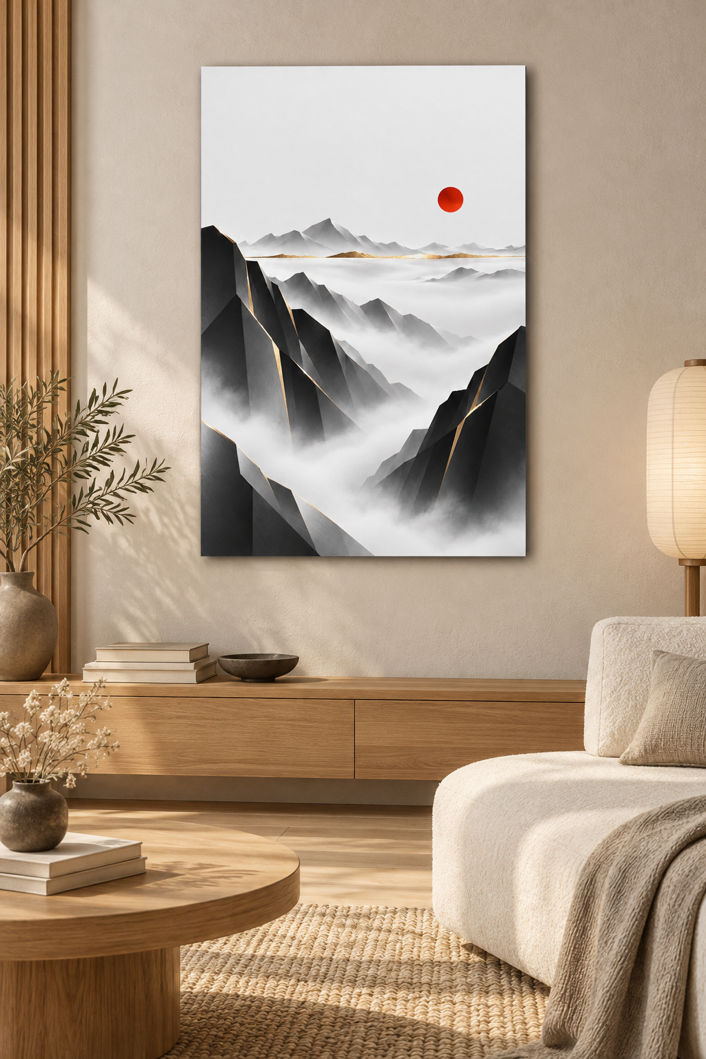 Berge im Nebel mit roter Sonne – Alu-Dibond Wandbild