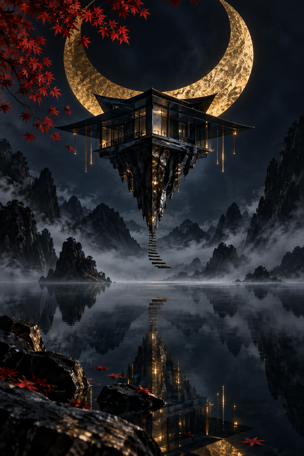 Schwebender Tempel unter Goldsichel – Alu-Dibond Bild