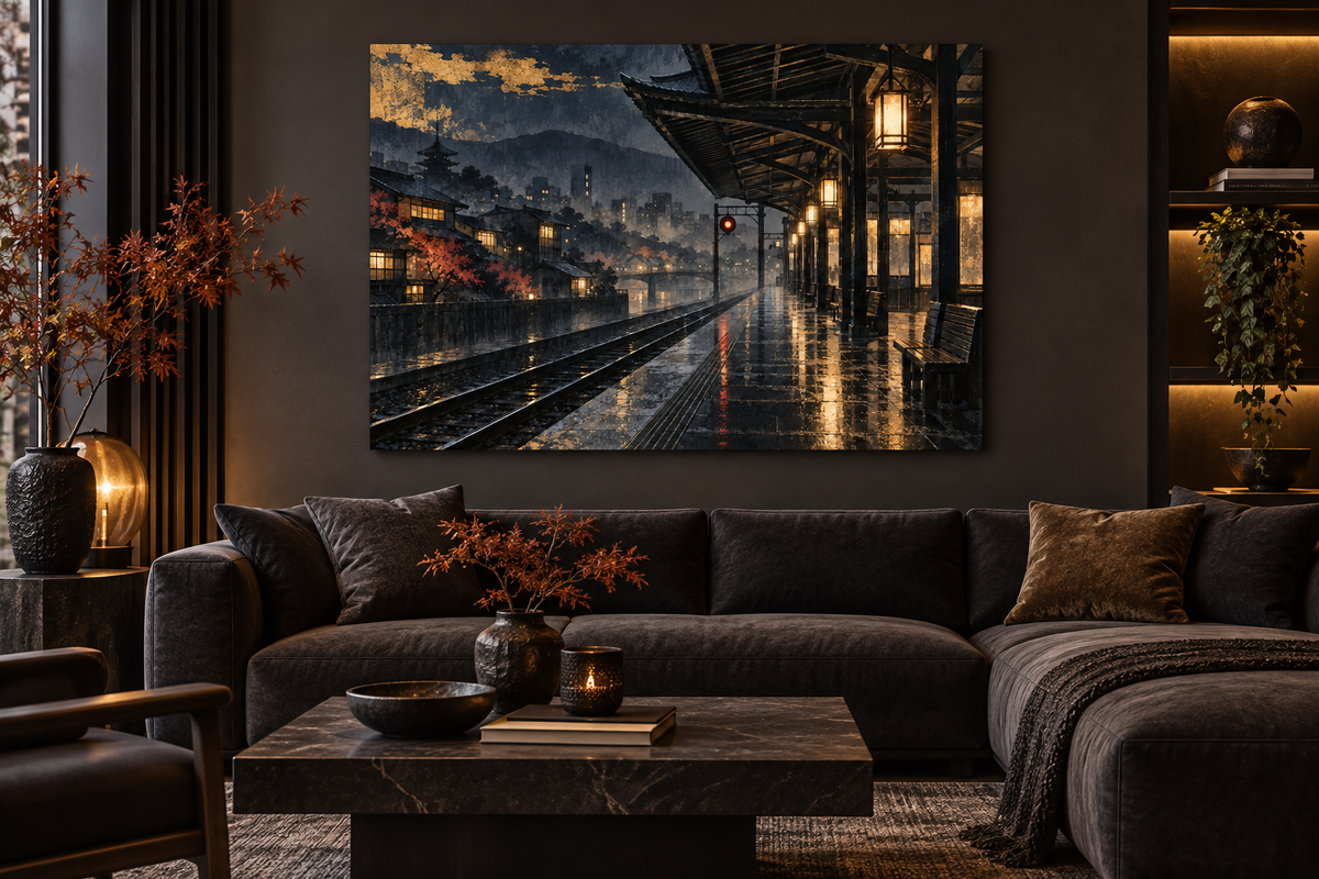 Bahnsteig im Regen bei Nacht – Alu-Dibond Wandbild Japan