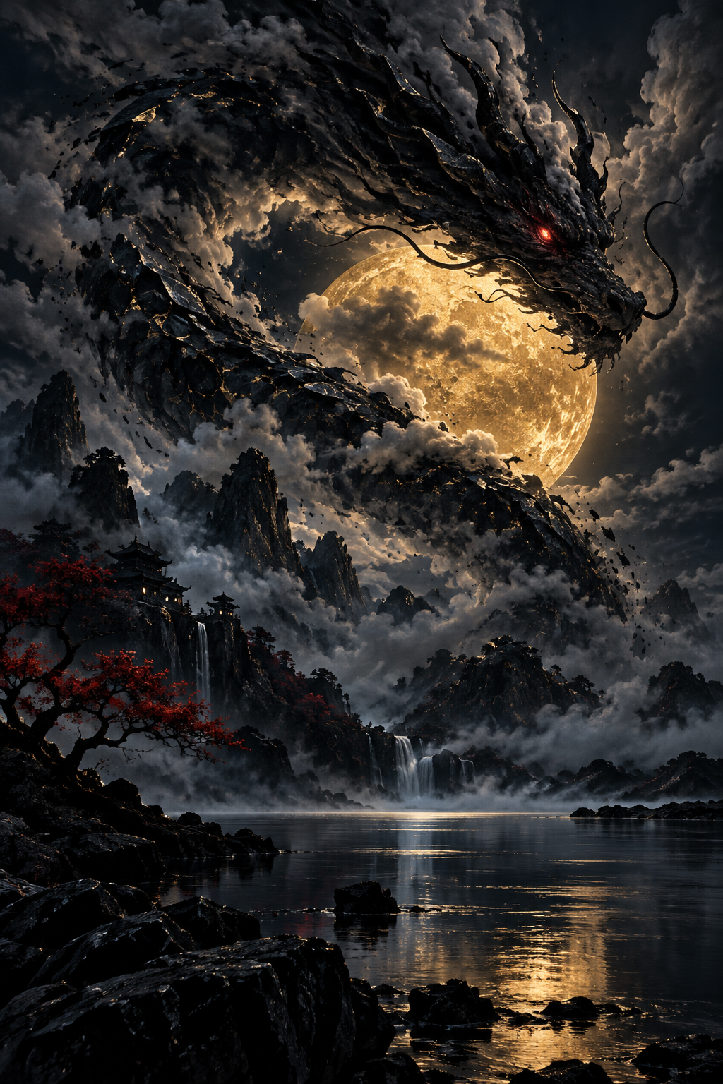 Wolkendrache vor goldenem Mond – Alu-Dibond Wandbild